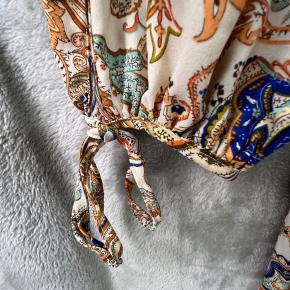 Boho Paisley Mock Neck Mini Dress Long Balloon Sleeve Ruffle Shoulder Babydoll - Picture 4 of 11